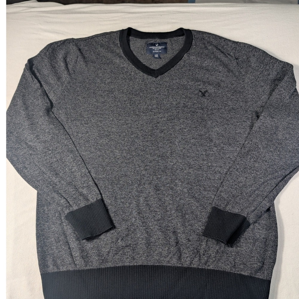 American Eagle Mens Charcoal Gray V-Neck Sweater Classic Fit Cotton Large L/G